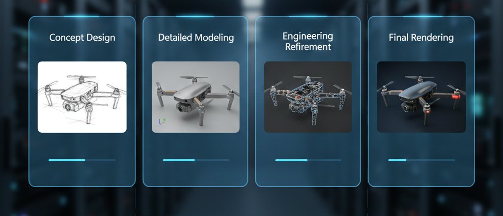 Digital milestone workflow dashboard for managing a 3D designer project.