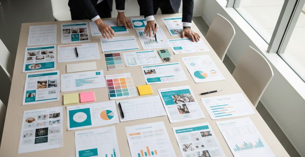 Visual content planning board with social media layout grids and campaign timeline